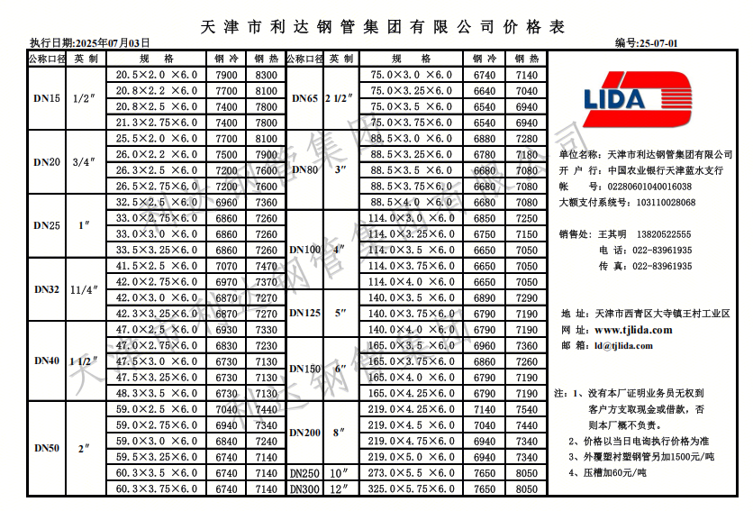 7月3日天津利達鋼管集團利達牌焊管、鍍鋅管、鋼塑管出廠掛牌價